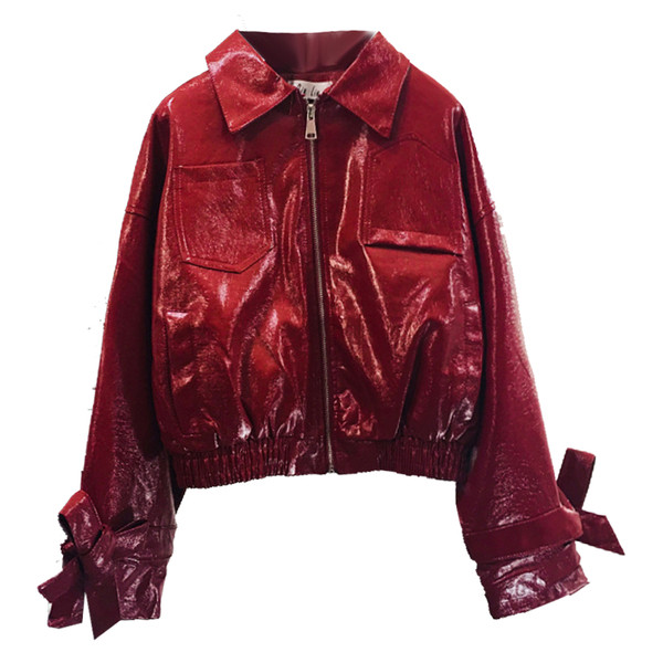 Geaca de dama moderna cu guler clasic si buzunare in rosu si negru