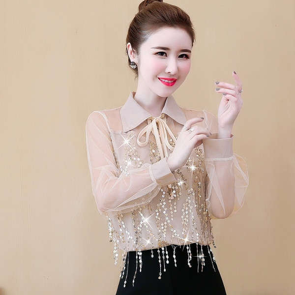 Modern női ing három színben, hosszú ujjal és flitterekkel