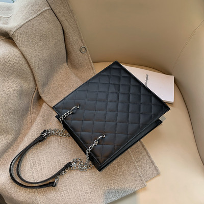 Geantă de mână pătrată elegantă, cu mânere lungi, în negru, maro și bej