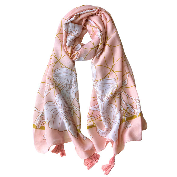 Rózsaszín színű női sál virágos motívumokkal és bojtokkal