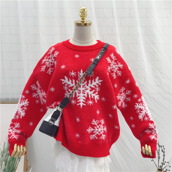 Női téli pulóver O-nyakkal, piros és szürke színben