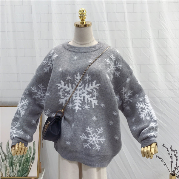 Női téli pulóver O-nyakkal, piros és szürke színben