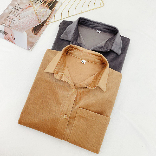 Modern női bársony ing barna és szürke zsebbel