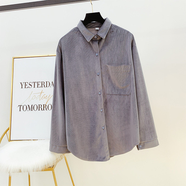 Modern női bársony ing barna és szürke zsebbel