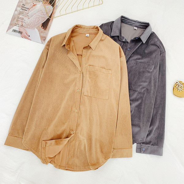 Modern női bársony ing barna és szürke zsebbel