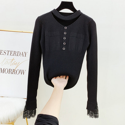 Modern női pulóver, ujján csipkével, többféle színben