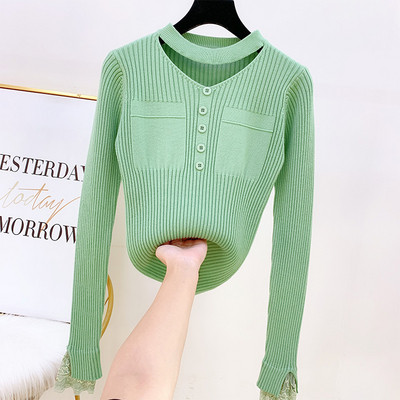 Modern női pulóver, ujján csipkével, többféle színben