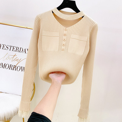 Modern női pulóver, ujján csipkével, többféle színben