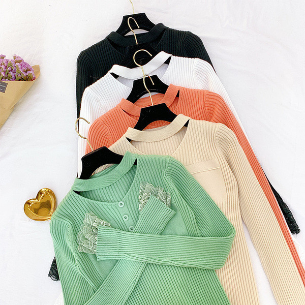 Modern női pulóver, ujján csipkével, többféle színben