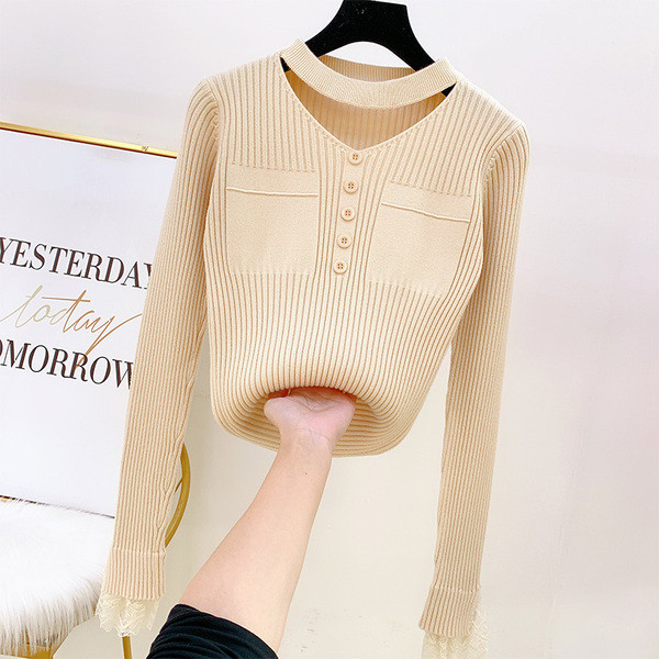 Modern női pulóver, ujján csipkével, többféle színben