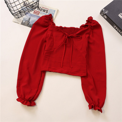 Μοντέρνα γυναικεία μπλούζα σε διάφορα χρώματα με μακριά μανίκια και κορδόνια