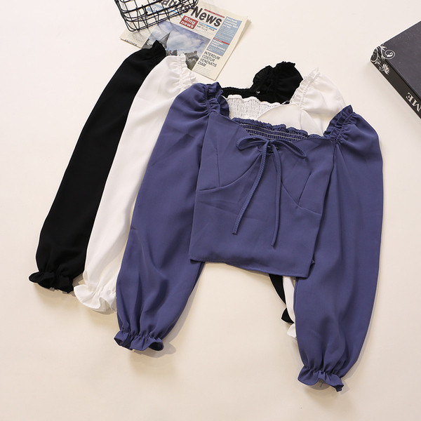 Μοντέρνα γυναικεία μπλούζα σε διάφορα χρώματα με μακριά μανίκια και κορδόνια