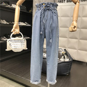 Blugi de dama cu talie inalta si cravate intr-o culoare deschisa