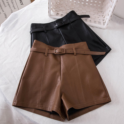Дамски кожени панталони с висока талия и колан в черен и кафяв цвят 