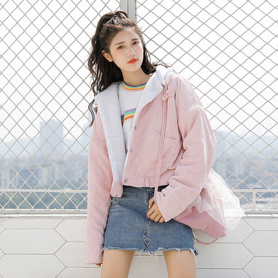 Geaca de dama din catifea in doua culori maro si roz cu gluga