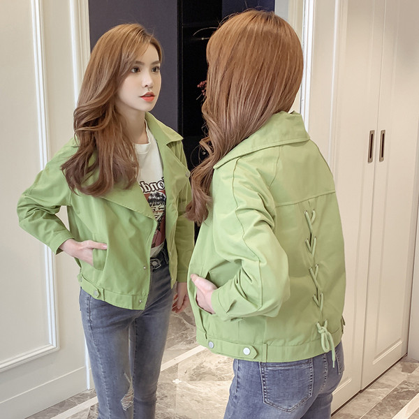 Geaca scurta casual de dama in doua culori cu cravate - verde si bej