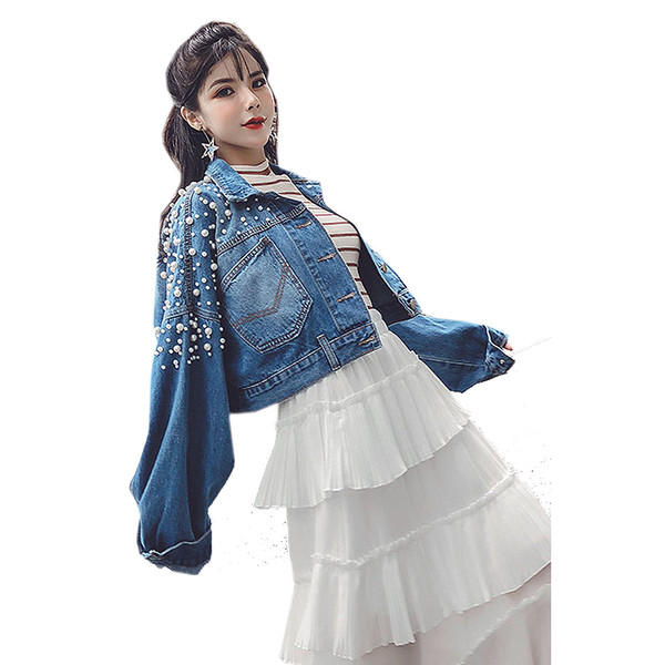 Modern női farmer dzseki kék gyöngyökkel