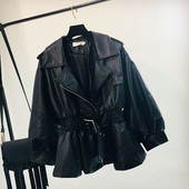 Geaca de dama din piele cu talie elastica de culoare neagra