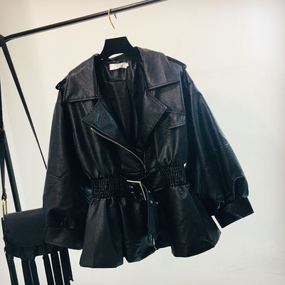 Geaca de dama din piele cu talie elastica de culoare neagra