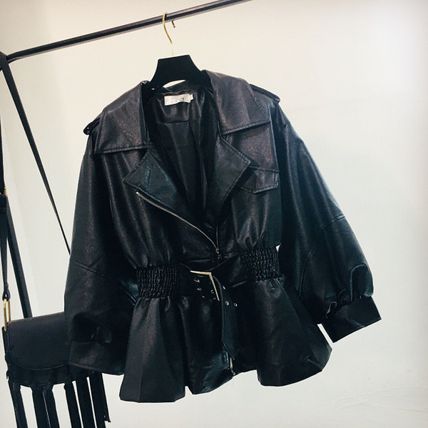 Geaca de dama din piele cu talie elastica de culoare neagra