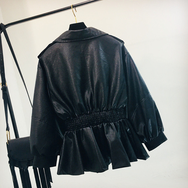 Geaca de dama din piele cu talie elastica de culoare neagra