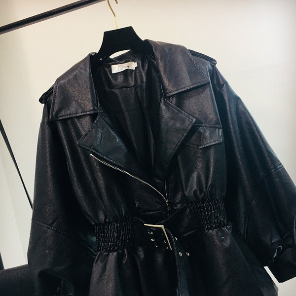 Geaca de dama din piele cu talie elastica de culoare neagra