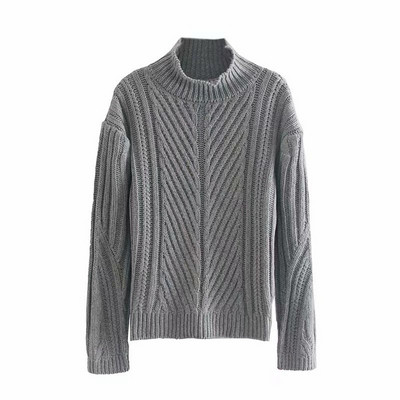 Pulover gros de dama cu guler inalt in rosu si gri