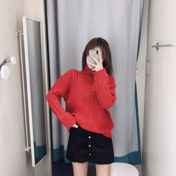 Pulover gros de dama cu guler inalt in rosu si gri