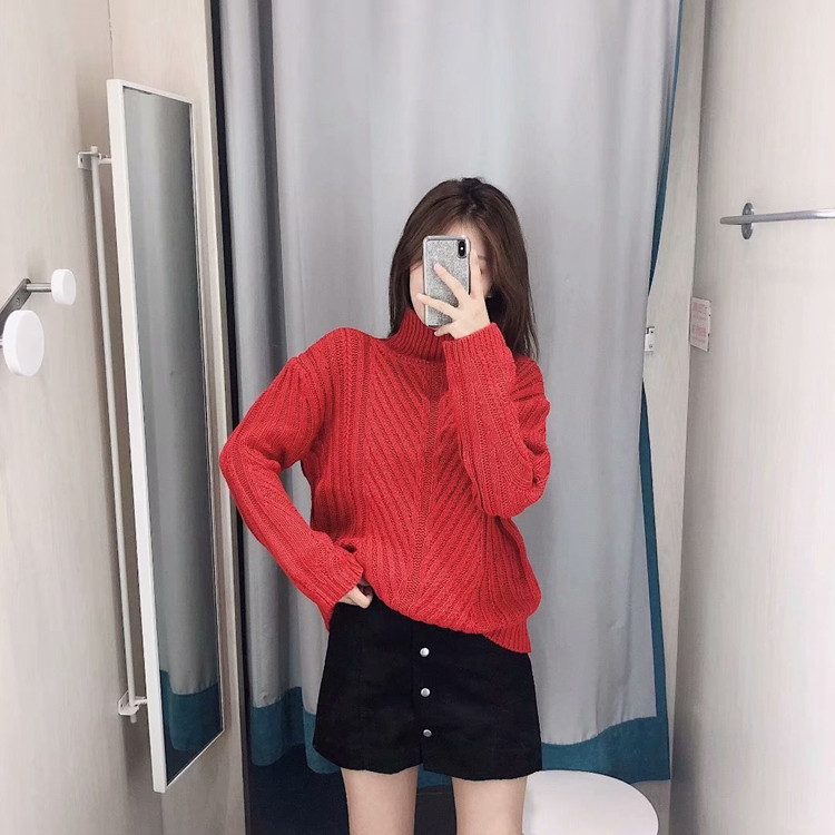 Pulover gros de dama cu guler inalt in rosu si gri