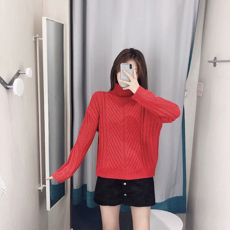 Pulover gros de dama cu guler inalt in rosu si gri