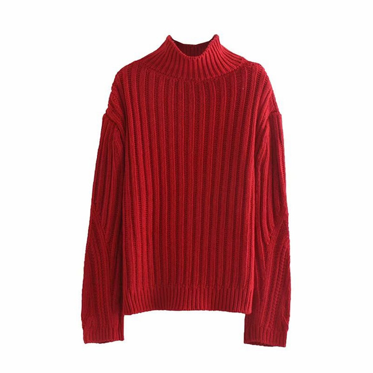 Pulover gros de dama cu guler inalt in rosu si gri