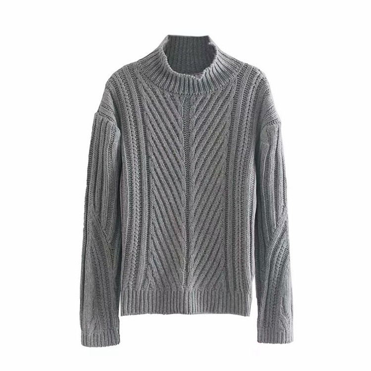 Pulover gros de dama cu guler inalt in rosu si gri