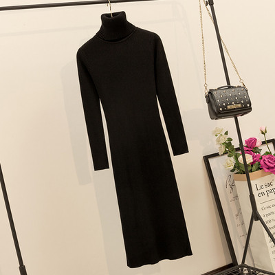 Rochie de dama de iarna din tricotat subtire cu guler inalt in mai multe culori