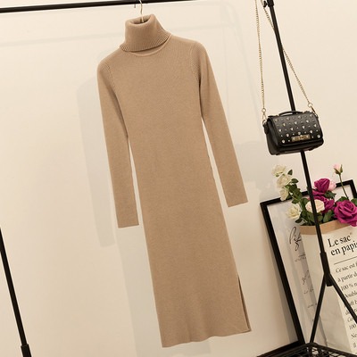 Rochie de dama de iarna din tricotat subtire cu guler inalt in mai multe culori