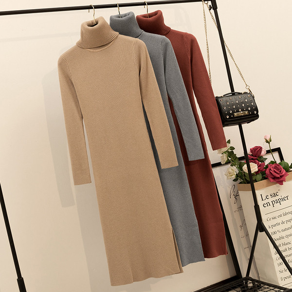 Rochie de dama de iarna din tricotat subtire cu guler inalt in mai multe culori