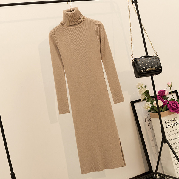 Rochie de dama de iarna din tricotat subtire cu guler inalt in mai multe culori