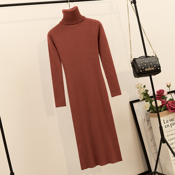 Rochie de dama de iarna din tricotat subtire cu guler inalt in mai multe culori