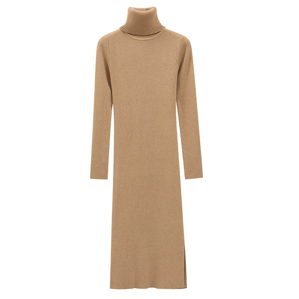 Rochie de dama de iarna din tricotat subtire cu guler inalt in mai multe culori