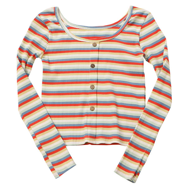 Bluză de damă în dungi cu decolteu O și nasturi în mai multe culori