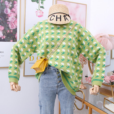 Új modell női pulóver virágmintával és O-nyakkal