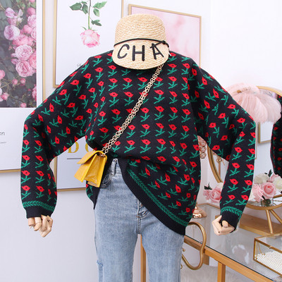 Új modell női pulóver virágmintával és O-nyakkal