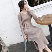 Vékony kötésből készült női téli ruha övvel több színben