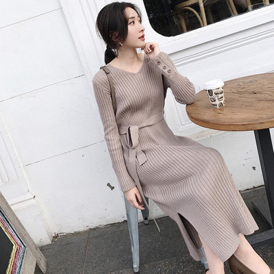 Vékony kötésből készült női téli ruha övvel több színben