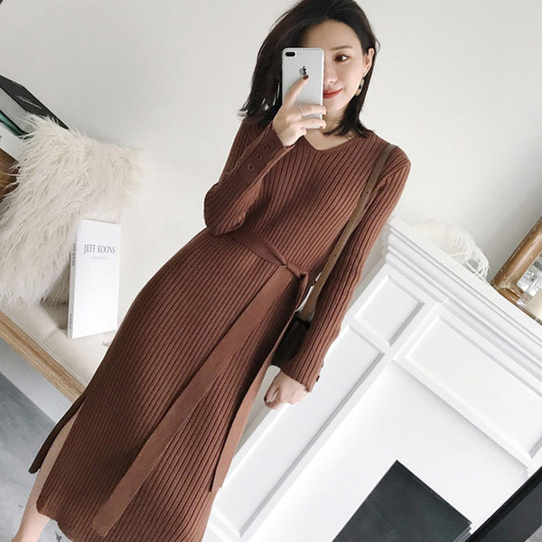 Vékony kötésből készült női téli ruha övvel több színben