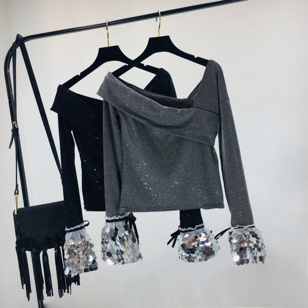 Bluză nouă de damă elegantă, cu efect strălucitor și paiete pe mâneci