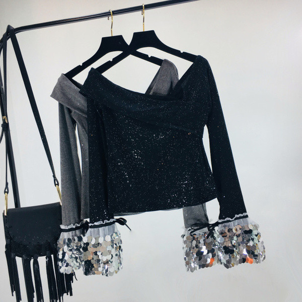 Bluză nouă de damă elegantă, cu efect strălucitor și paiete pe mâneci