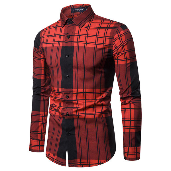 Ανδρικό μοντέρνο καρό πουκάμισο με κλασικό γιακά με κόκκινο χρώμα