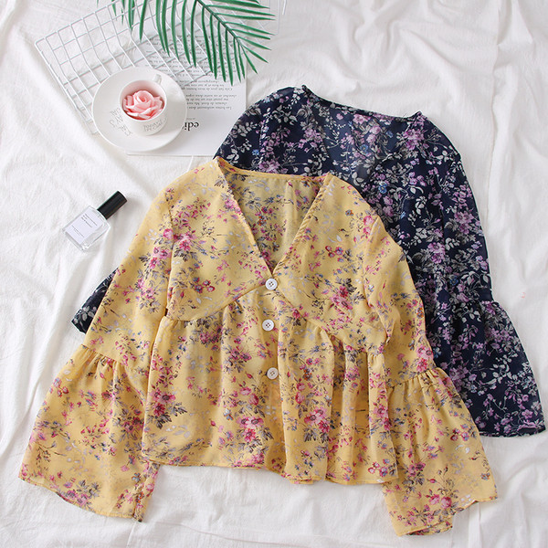 Bluză nouă de damă cu motive florale și decolteu spitz în mai multe culori