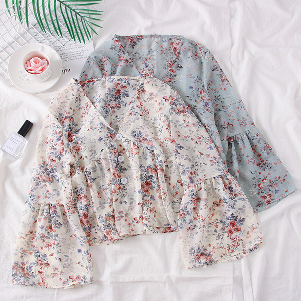 Bluză nouă de damă cu motive florale și decolteu spitz în mai multe culori