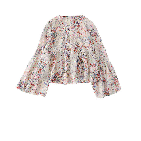 Bluză nouă de damă cu motive florale și decolteu spitz în mai multe culori